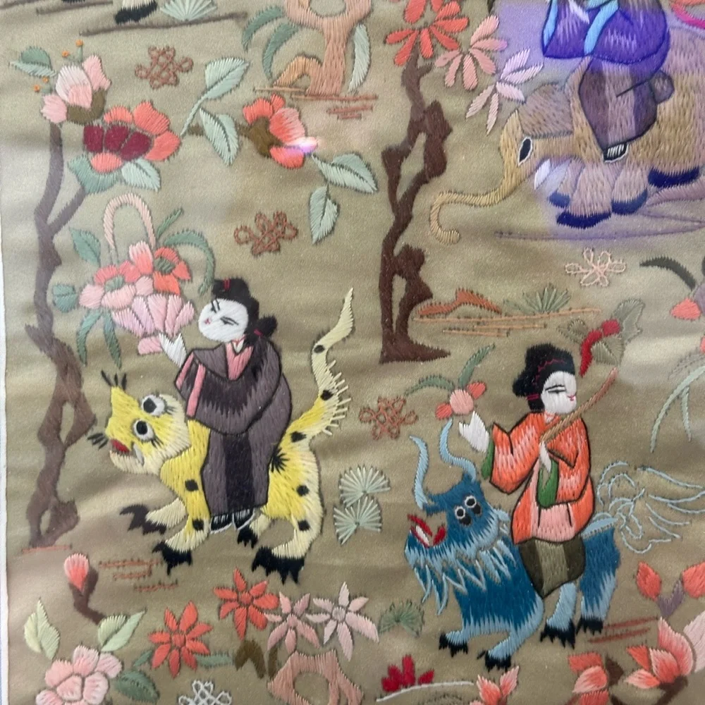 Chinese hand embroidered silk Art Piece Framed. The Actual Piece 27 X 13”